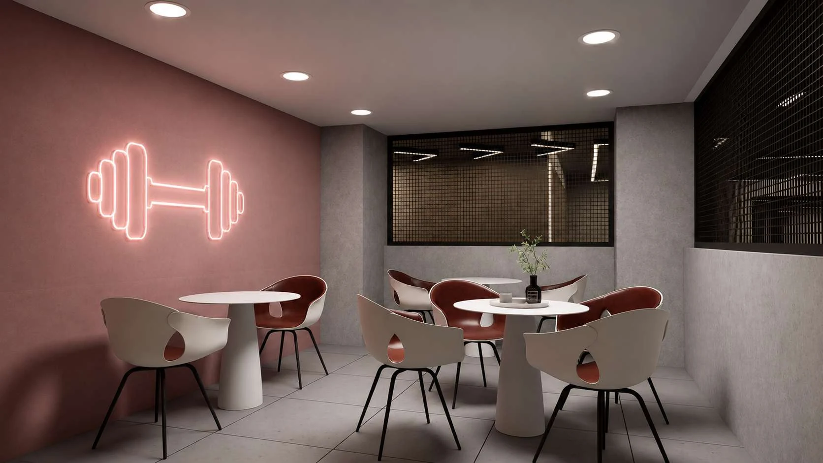 Today's Fit Gym Lounge with Neon Dumbbell Sign and Seating